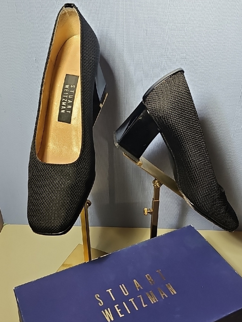 Stuart Weitzman Black Textured Block Heel Pumps